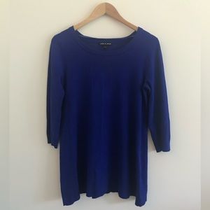 Cable & Gauge Womens Cobalt Blue Sweater. Crew Neck, 3/4 sleeves, High Low Hem S